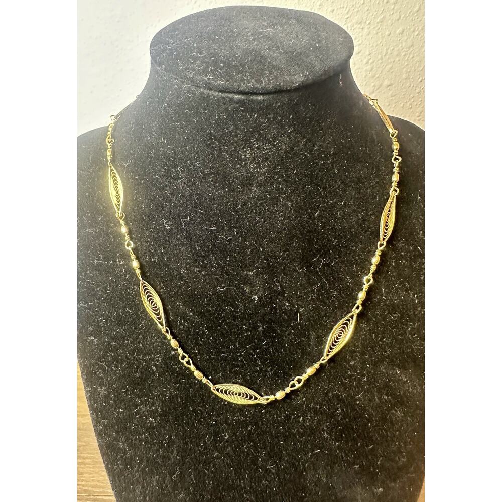 Vintage Gold Filigree Marquise Link Necklace Spiral Design 18” Elegant Jewelry